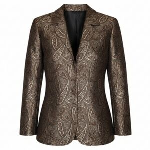 Kasper Petite Metallic Bronze Paisley Blazer Gold Jacquard Brocade Boho Jacket